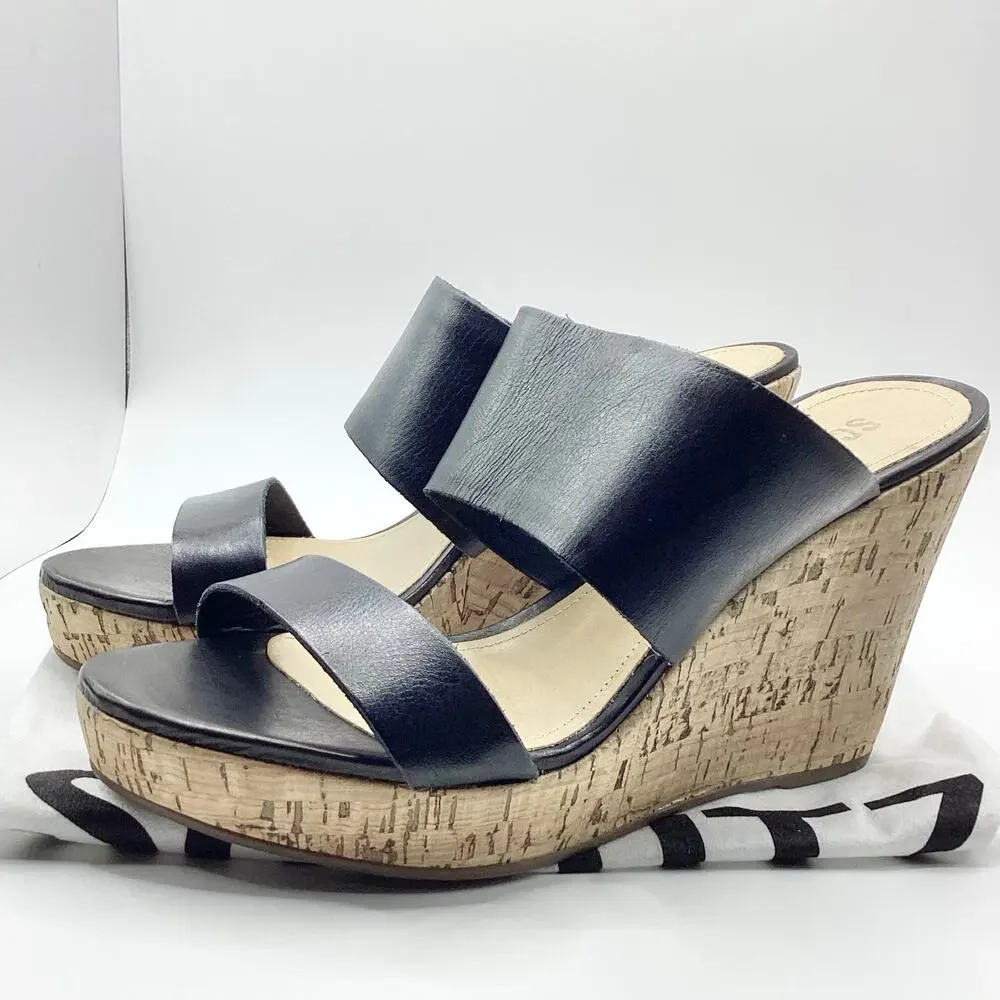Schutz Kai Soft Black Leather Slip On Cork Wedge Sandal 10 NEW Dustbag